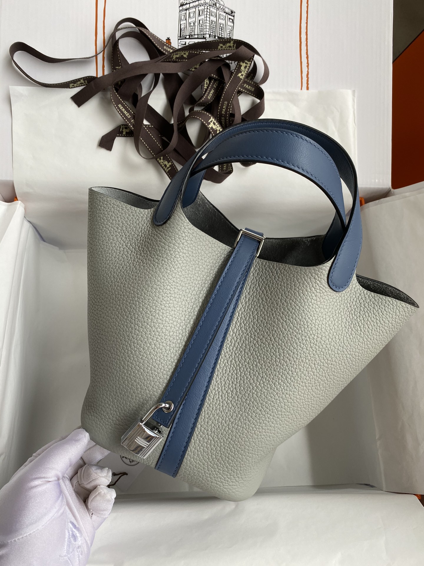 Hermes Picotin Lock 18 Bag In White/Blue Clemence Leather